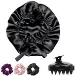 Silk Satin Hair Bonnet Reversible Sleep, Cap Adjustable Satin Bonnet for Curly Hair, Head wrap for Sleeping, Silk Bonnet for Hair with FREE Hair Scalp Massager, and 3 Scrunchies for Women (Black)