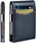 Contacts Genuine Leather Money Clip Wallet Slim Front Pocket RFID Blocking Card Holder Minimalist Mini Bifold for Men's | Up to 11 Card Slots Including 1 ID Window & 1 Bill Compartment (Blue)