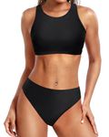 Yonique Women Two Piece Swimsuits for Teen Girls Sporty Bikini Tops Athletic High Neck Bathing Suits Black S