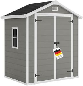 STEELSØN Novara Gerätehaus – Gartenschuppen mit Satteldach & Fenster – Gartenhaus 210x134x182 cm – Geräteschuppen aus Kunststoff in Grau/Schwarz – Gartenhütte wetterfest & rostfrei – Schuppen