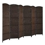 COSTWAY 6 Panel Folding Room Divider, Hand-Woven Wicker Freestanding Wall Privacy Screen Protector, Solid Wood Frame Paravent Partition Separator for Living Room, Bedroom and Office, 271x180cm (Brown)