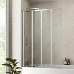 Luxura® 4 Panel 1400 x 1000mm Chrome Over Bath Shower Screen Folding Hinged Door Glass Panels & Screens for Baths, 4mm Toughened Safety Glass, 180° Pivot Swing, Reversible