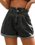 JASAMBAC Women's Stretchy Casual Denim Shorts High Waisted Folded Hem Ripped Jeans Shorts Black XXL