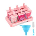 Ice Lolly Moulds 9 Popsicle Molds Reusable Food Grade BPA-Free Ice Pop Moulds, DIY Ideas Ice Lolly Moulds Comes with a Cleaning Brush and Silicone Folding Funnel (Pink)