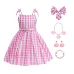 Kids 2023 Movie Girls Pink Princess Cosplay Costume Plaid Dress Outfits with Accessories 4-12Y (style1,130)