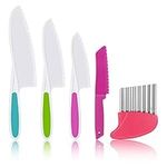 AKlamater 5PCS Kitchen Safety Knives for Kids, Children's Cooking Knives in 4 Sizes, Plastic Cutting Board Grip Serrated Edges for Vegetables Fruits Salad Cake(Pink)