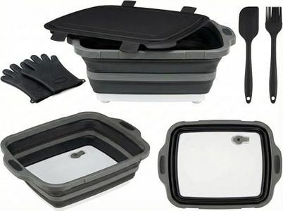 Collapsible BBQ Prep Tub with Lid & Cutting Board (8L/16L) - XL Meat Marinating Basin & Grill Carry System - 5pc Set with Heat Resistant Gloves, Basting Brush & Spatula (Black, Large, 8L)