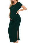 Smallshow Women's Long Maternity Dress Short Sleeve Split Ruched Pregnancy Clothes Medium Deep Green