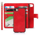 iCoverCase for iPhone Se(2022)/Se(2020) 7/8/6/6s Wallet Case with Card Holder, 2 in 1 Pu Leather Magnetic Detachable Flip Case (Red)