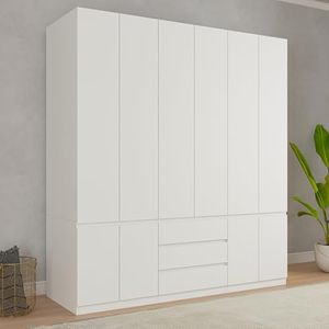 Bobve78 H Large 6 Doors Wooden Wardrobe, Armoire Wardrobe Closet with Drawers, Hanging Rod and Shelves, Bedroom Freestanding Armoire Closet Organizer, White