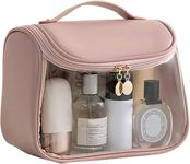 EZKOXAH Large Travel Makeup Bags Leather Waterproof Women's Toiletry Bag Portable Organizer Storage Cosmetic with Handle and Clear Window for Valentine's Mother's Day Wife & Mom for Her Gifts (Pink)