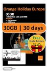 Orange Holiday Europe Prepaid SIM Card Combo Deal 30GB Internet Data in 5G/4G/LTE (Data tethering Allowed)+120min & 1000 Texts from Europe to Any Country Worldwide+1 Sim Card Holder+1 Pin