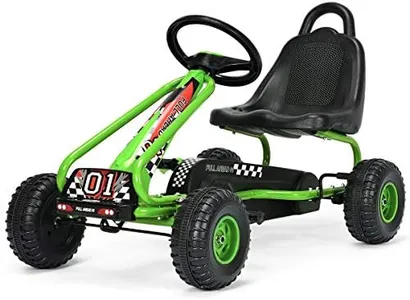 Costzon Go Kart for Kids, 4 Wheel Pedal Powered Go Cart with Adjustable Seat, Handbrake & Non-Slip Wheels, Outdoor Racer Ride On Pedal Car, Gift for Boys Girls (Green)