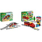 LEGO 10874 DUPLO Town Steam Train for Toddlers, Push & Go Battery Powered Toy for Kids Age 2-5 & 10872 DUPLO Town Train Bridge and Tracks Building Bricks Set with Horn Sound Action Brick