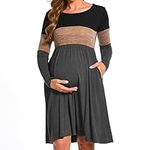 Bearsland Women’s Long Sleeve Maternity Dresses Patchwork Pregnancy Dress with Pocket, Brown, L