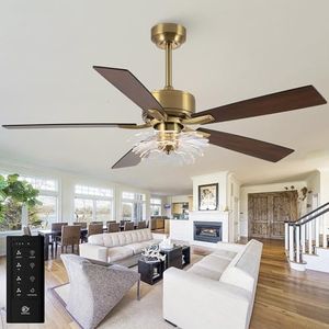 52 Inch Ceiling Fans with Lights and Remote, Modern Gold Ceiling Fans for Bedroom Living Room, Dimmable LED Chandelier Ceiling Fan with 6-Speed Silent DC Motor, Reversible Airflow, Color Adjustable