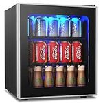 COSTWAY 46L Mini Fridge, 60 Can Quiet Frost Free Fridge with LED Light, 2 Adjustable Removable Shelves, Glass Door and Temperature Control, Table Top Wine Beverage Drink Cooler for Bedroom Hotel