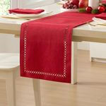 Newbridge Fabric Table Runner, 70 Inch, Christmas Provence Lattice Cutwork Solid Color Textured, Water and Stain Resistant Easy Care Fabric Table Cloth, Holiday Red