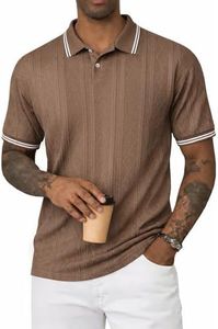 JMIERR Men's Textured Short Sleeve Polo Shirt Stylish Knit Pullover Soft Cotton Blend Top, 3XL, Brown Stripe