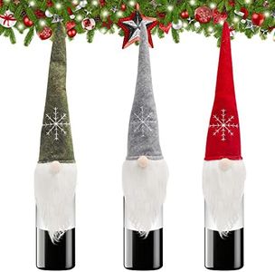 BELLE VOUS Couvre Bouteille Noel (3 Pcs) - GNOME de Noel Scandinave (45 x 13 cm) Fabrication Artisanale Decoration de Bouteille pour Vin Champagne Decoration de Table Fête de Noel
