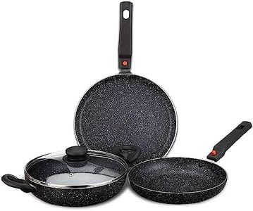 Amazon Brand - Solimo Aluminium 4 Piece Non-Stick Cookware Set with Detachable Handle | Granite Finish | Induction Base | Pfoa Free | HTR Exterior Coating | Black