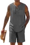 COOFANDY Mens Linen Sets Outfits 2 Piece Beach Drawstring Tank Tops Sleeveless Shirts Matching Shorts Set Hippie Wedding