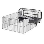 PawHut Metal Small Animal Cage, Rabbit Cage for Guinea Pig Chinchilla Hedgehog Bunny with Removable Wheels and Foldable Detachable Run Fence, 34.6" L x 50.6" W x 22" H