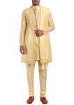 Amazon Brand - Anarva Men's Embroidery Art Silk Traditional Kurta Pajama with Jacket and Scarf Regular Fit 4 Piece Set (Beige,Large)