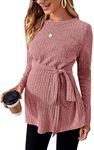 MakeMeChic Women's Maternity Shirts Casual Long Sleeve Tie Front Ribbed Knit Pregnancy Tee Top Dusty Pink M