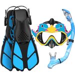 CKE Snorkel Set with Fin for Kids Adults Teens Snorkeling Snorkel Diving Scuba Package Set Anti-Fog Anti-Splash Silicon Mouth Piece for Kid(Dinosaur)