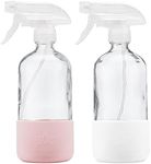 Just Like Joan Glass Spray Bottles with Silicone Sleeve - Clear Glass Spray Bottles for Cleaning Solutions, Essential Oils, Plants, Vinegar, Bleach - Refillable 16 oz Food Safe (Pink & White)