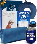 Get Well Soon Gift Basket for Men – Insulated Tumbler, Plush Blanket, Neck Pillow, Massage Roller, Puzzle Book, Funny Greeting Card, Pen – Curated Care Package for Him