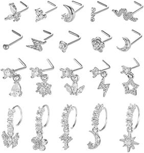 SAMOCO 20Pcs 20G Dangle Nose Ring L Shaped Dangling Nose Stud for Women Stainless Steel Nose Ring Studs CZ Flower Dangle Nose Rings Hoops Nose Piercing Jewelry(Silver)