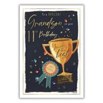 Grandson 11th Birthday Card - Age 11 - 'You're The Best' - Trophy Design - Special Finishes and Illustrated Insert Leaf - Made in the UK