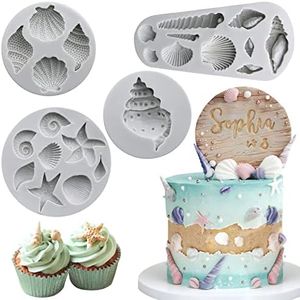 Marine Theme Fondant Molds, 4 PCS Seashell Conch Starfish Baking Silicone Molds for Cake Decoration Chocolate Soap Crafting