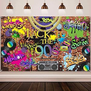 90'S Backdrop Hip Hop Graffiti 90s Party Decorations 5.9 x 3.6 ft Back to The 90'S Themed Party Banner Brick Wall Retro Radio Photography Background Vinyl Fabric Wall Table Decors Photo Booth Props