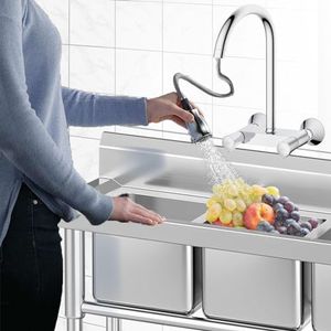 Commercial Triple-Bowl Kitchen Sink with Storage Shelf, Featuring Hot and Cold Water Pipe Inlets and Drainage Pipe, Freestanding Utility Sink Suitable for Restaurants, Laundromats, Garages, 39.3 * 37