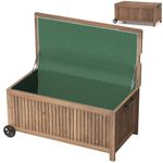 TANGZON 207L Wood Deck Box, Fir Wood Patio Storage Bench with Removable Waterproof PE Liner, Outdoor Storage Box with Wheels for Tools, Toys, Pillows and Sports Equipment