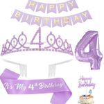 Birthday Decorations for Girls, Including Purple Birthday Sash and Tiara, Birthday Candles,Banner and Cake Toppers, 32inch Digtal Balloons,Ideal Birthday Gifts for Girls (Purple 4th)