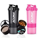 ACUNA Protein Shaker Bottle 600ml (PACK OF 2), 3 Layer Supplement & Pills Storage Cup- Secure Leakproof Protein Shake Mixer Bottle- Gym Supplement Shaker Bottle (Black - Pink)