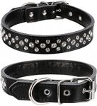 Pimaodog Rhinestones Dog Collar, Adjustable Sparkly Crystal Studded Genuine Leather Pet Dog Collar for Small and Medium Dogs (L, Black)