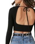 Youviga Fashion Square Neck Open Back Tie Full Sleeve Top for Women (Small, Black)