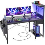 BEXEVUE Gaming Desk 47 inch with Power Outlet and LED Light, Computer Desk with Reversible Shelves and Storage Drawer, Small PC Desk for Home Office Table with Bag, Carbon Fiber