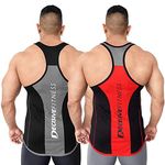 DECISIVE® Fitness Sleeveless Designer Gym Stringer Vest, Gym Vest, Racer Back Tank Top for Men (Grey-Orange/Black-Red) (Small (36" Chest))