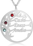 Kaululu Personalised Womens Tree of Life Necklace with Engraved 2 to 4 Family Names Simulated Birthstones BFF 925 Sterling Silver Pendant for Mother Grandma Birthday Jewellery Gift (Silver, 3 name)