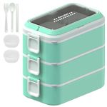 Kenuket Bento Box Lunch Box, Adult Lunch Container with 3L Large Capacity, Microwave Safe 3 Layers Stackable Lunch Box, Leakproof Food Container with Divider and Sauce Box for Kids and Adults, Green