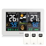 Newentor Weather Station Wireless Indoor Outdoor Thermometer, 7.5in Large Temperature Humidity Monitor, Forecast Station with Barometer, USB Output Port and Adjustable Backlight, White, 3 Sensors