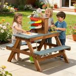 Mud Kitchen for Kids Outdoor, Wooden Play Table with Hand Pump and Sink, Picnic Bench, Stainless Steel Cookware & Bucket, Backyard Sensory Play Kitchen for Toddlers Age 3+