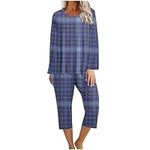 oelaio Women's 2 Piece Outfits Buffalo Plaid Long Sleeve Jacket and Capri Pants Set,Comfortable and Soft Sleepwear Suits