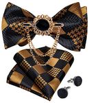 DiBanGu Black Gold Plaid Bow Tie Self Tied with Pocket Square Cufflinks Lapel Pin Gift Box Package